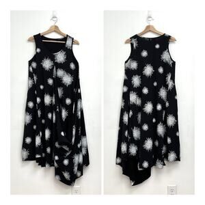 Snapdragon & Twig Angelina Dress Asymmetrical Draping Black Mini Scribble - XS